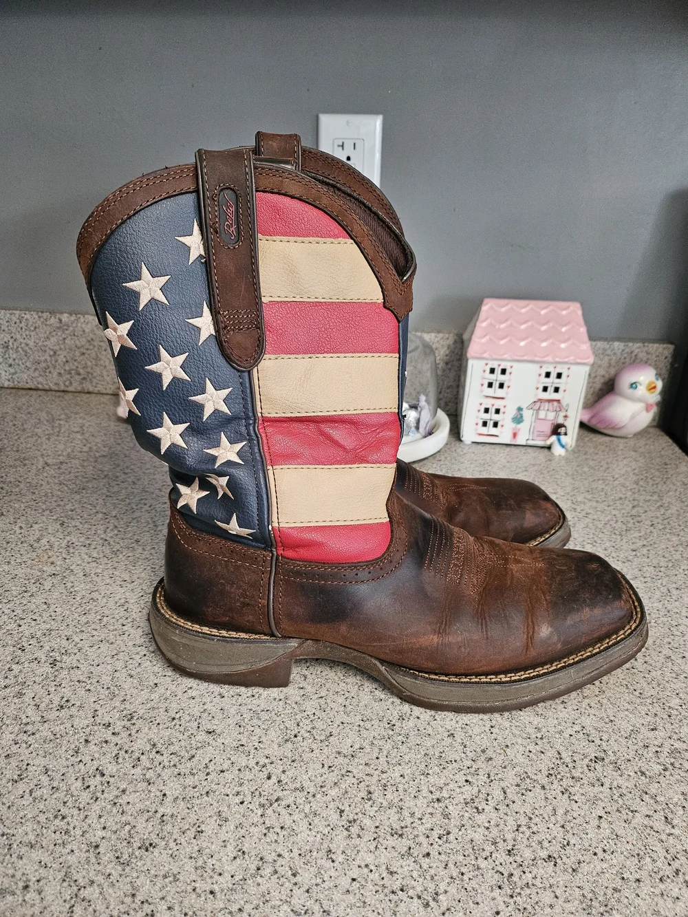 Durango Brown Leather Cowboy Boots with Red, Cream & Blue Flag Shaft